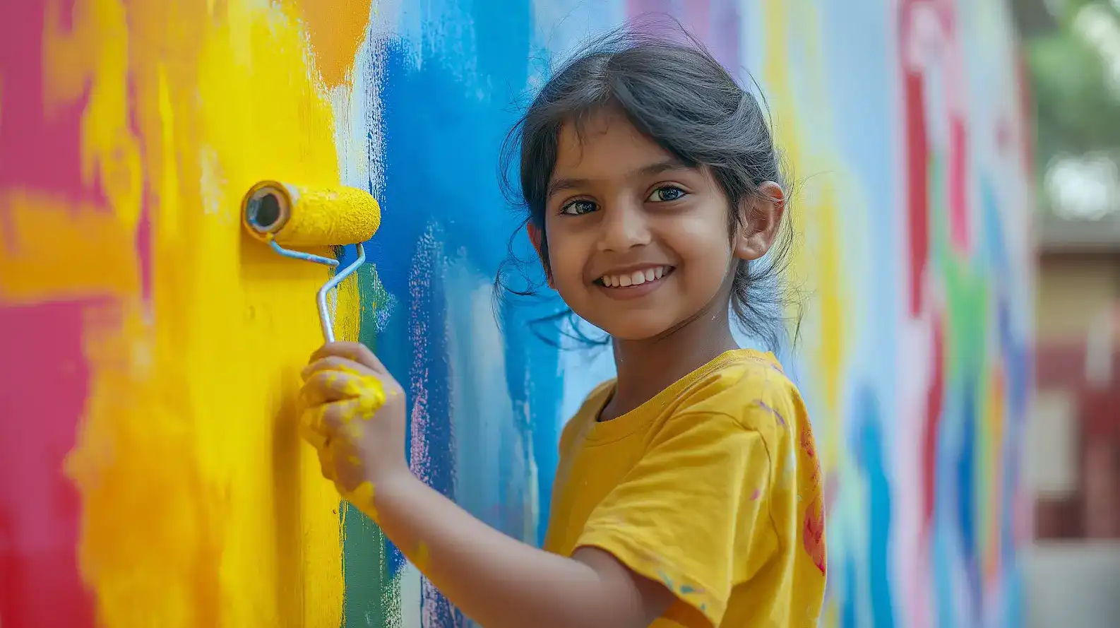 A child painting a wall with a paint roller