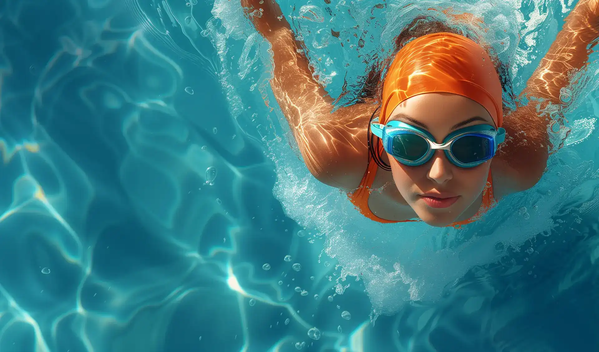 A female swimmer in a pool with goggles