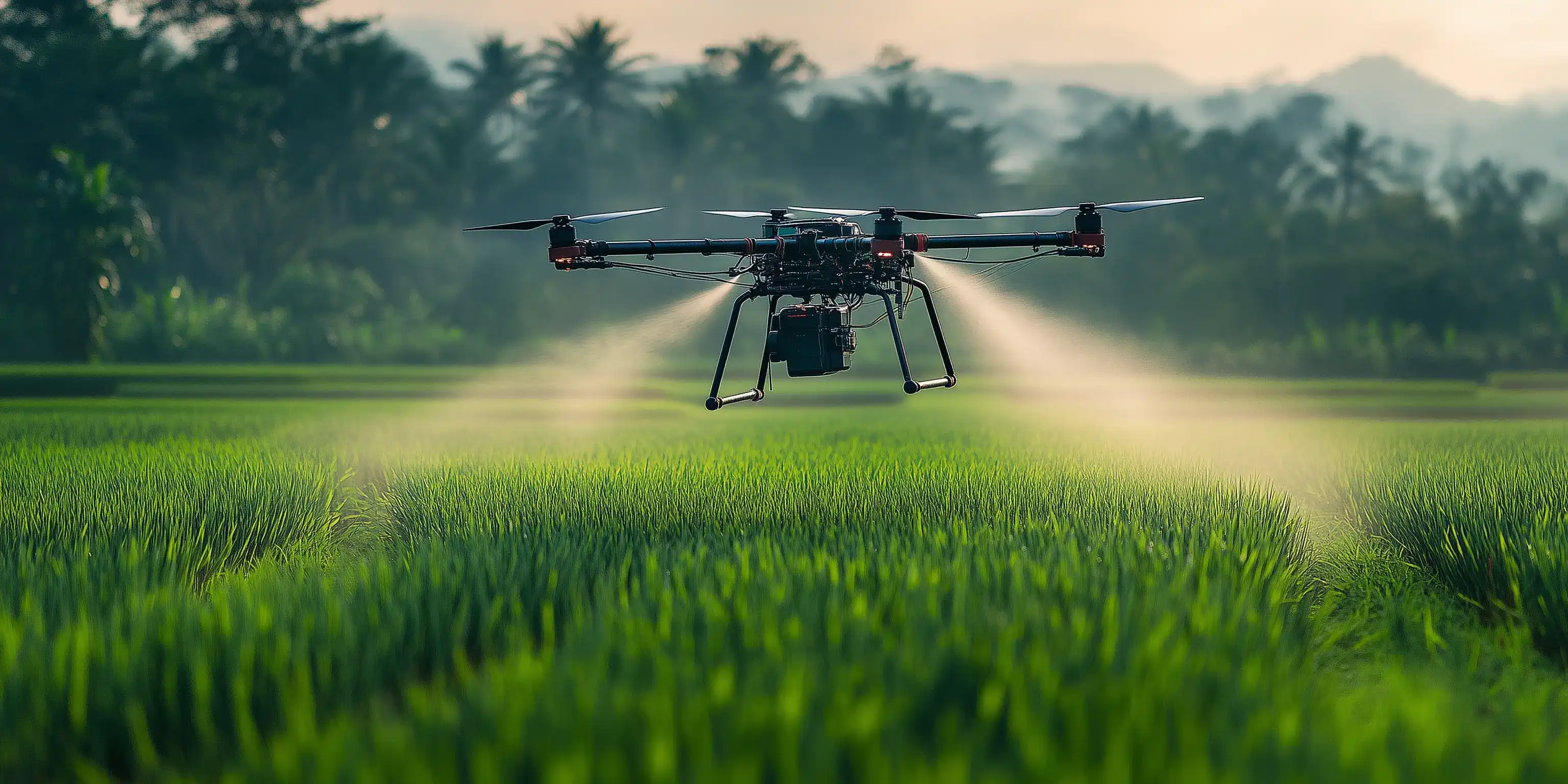 An Agricultural drone spraying fertilizer over a paddy field in morning