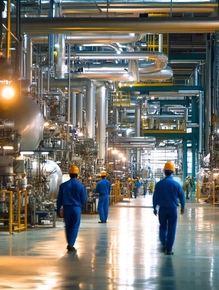 Inside of a factory with employees in blue safety kits with orange helmets
