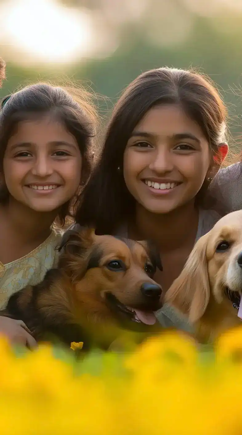 Sri Lankan family with two children and two dogs smiling together in a park