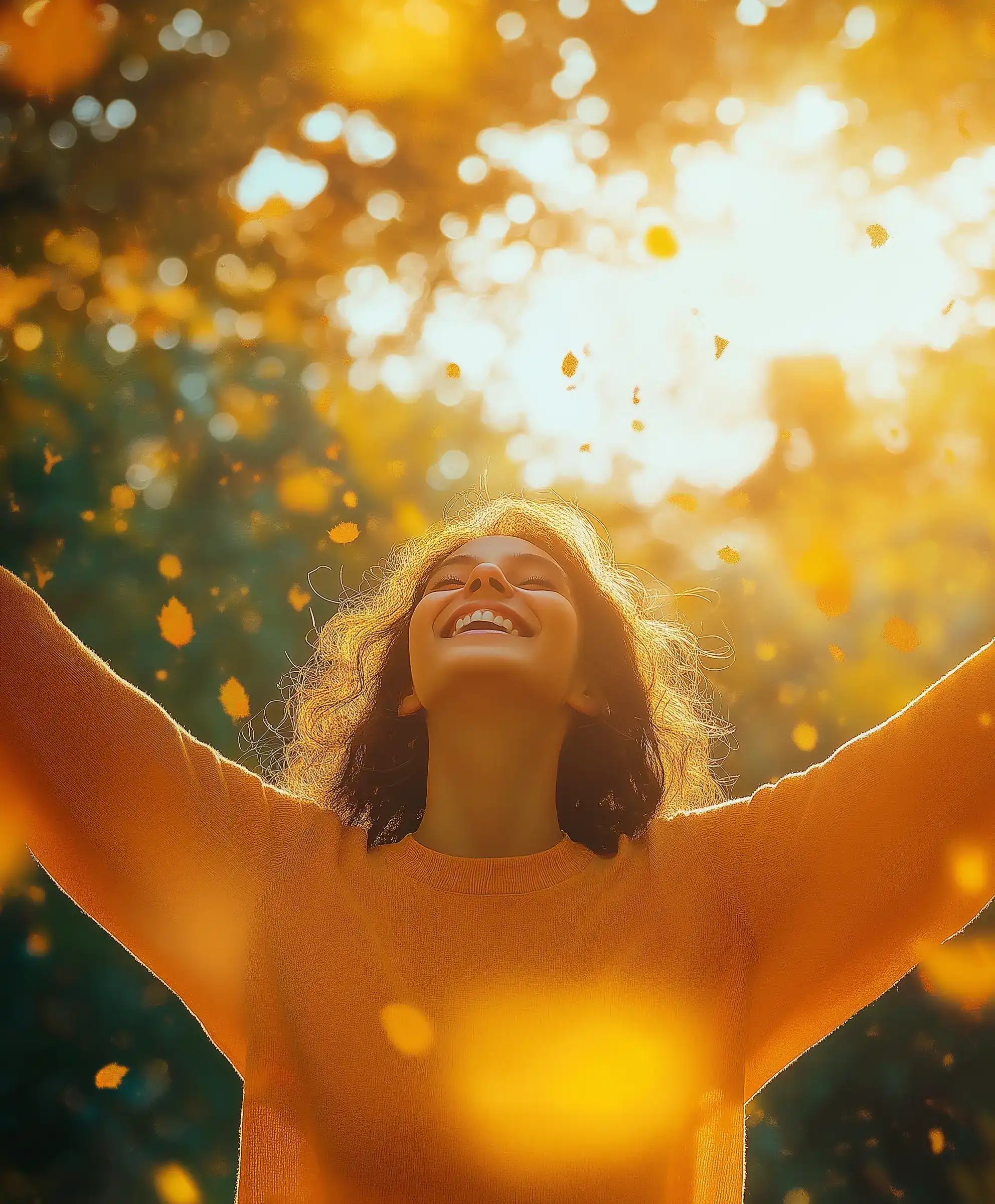 A girl with an orange color sweater in a sunrise time